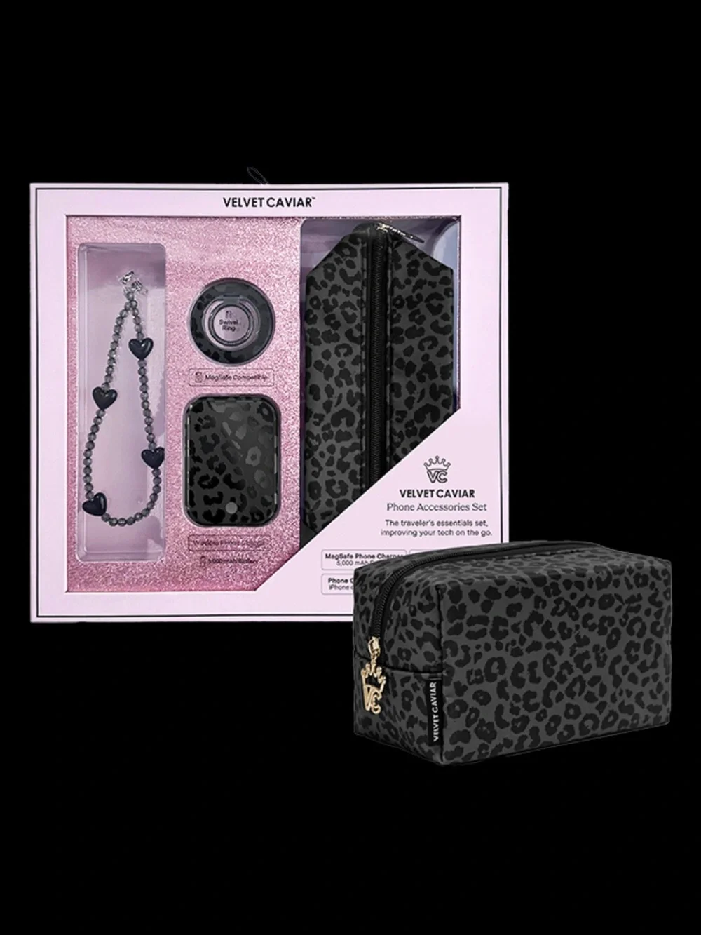 Velvet Caviar Black & Gray Leopard Phone Accessories Set